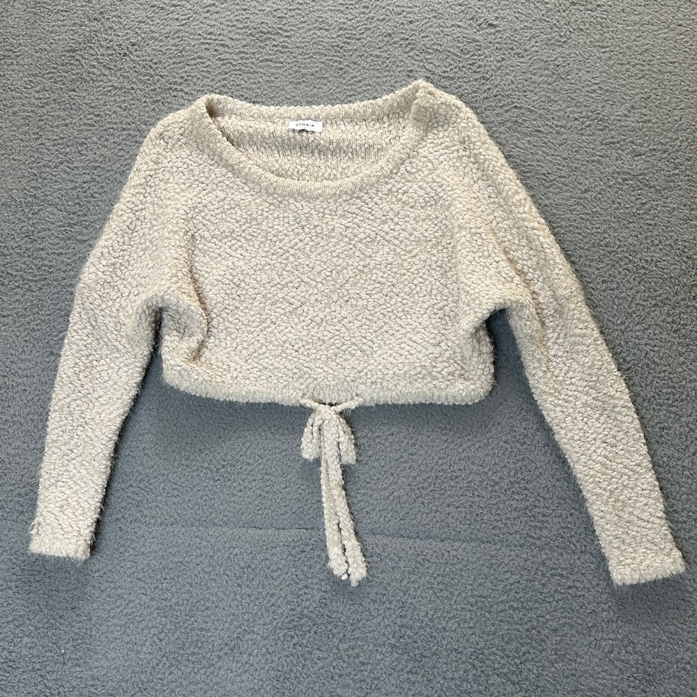 Storia Sweater Womens Small Cream Popcorn Knit Cozy Cropped Front Tie